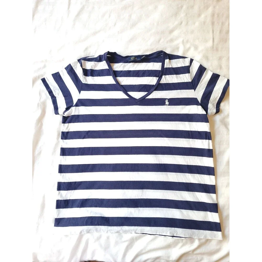 🍒Ralph Lauren🍒 Navy and White Striped V‑Neck Tee